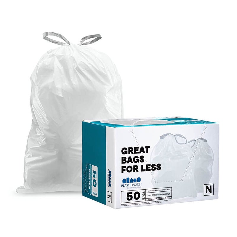 Plasticplace Custom Fit Trash Bags, Compatible with simplehuman Code N (50 Count) White Drawstring Garbage Liners 12-13 Gallon / 45-50 Liters, 22.5" x 31.5" - Image 1